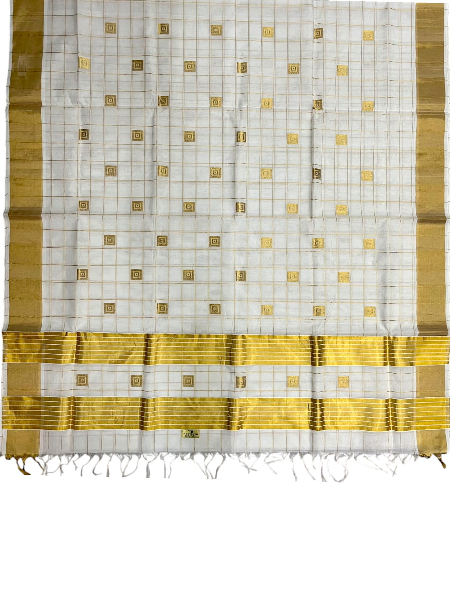 Southloom Super Premium Balaramapuram Handloom Cotton Check Saree With Golden Butta Works on Body and Borders