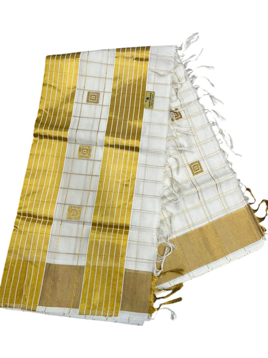Southloom Super Premium Balaramapuram Handloom Cotton Check Saree With Golden Butta Works on Body and Borders
