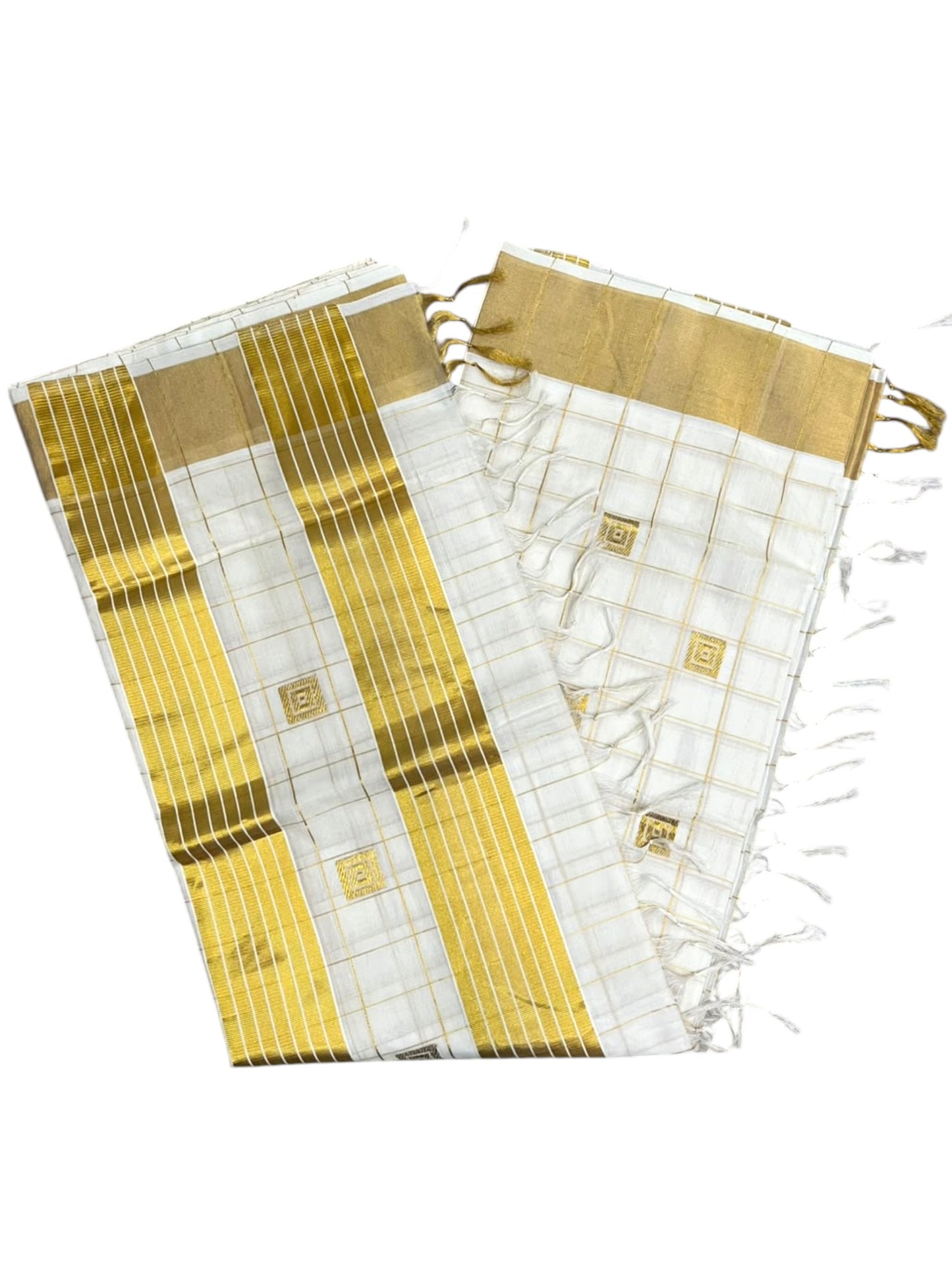 Southloom Super Premium Balaramapuram Handloom Cotton Check Saree With Golden Butta Works on Body and Borders