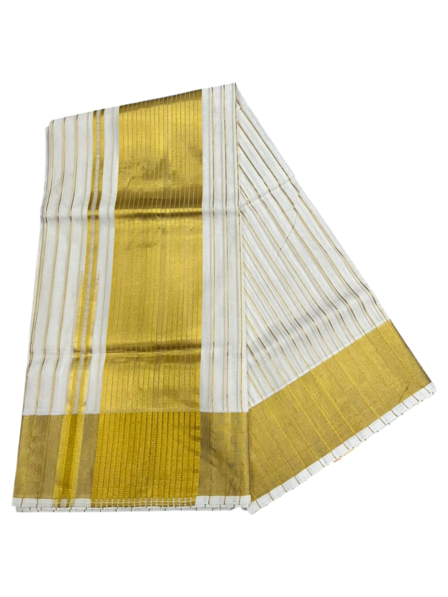 Southloom Super Premium Balaramapuram Handloom Cotton Saree with Stripes And Chutti Kara With Golden Kasavu on Body and Borders
