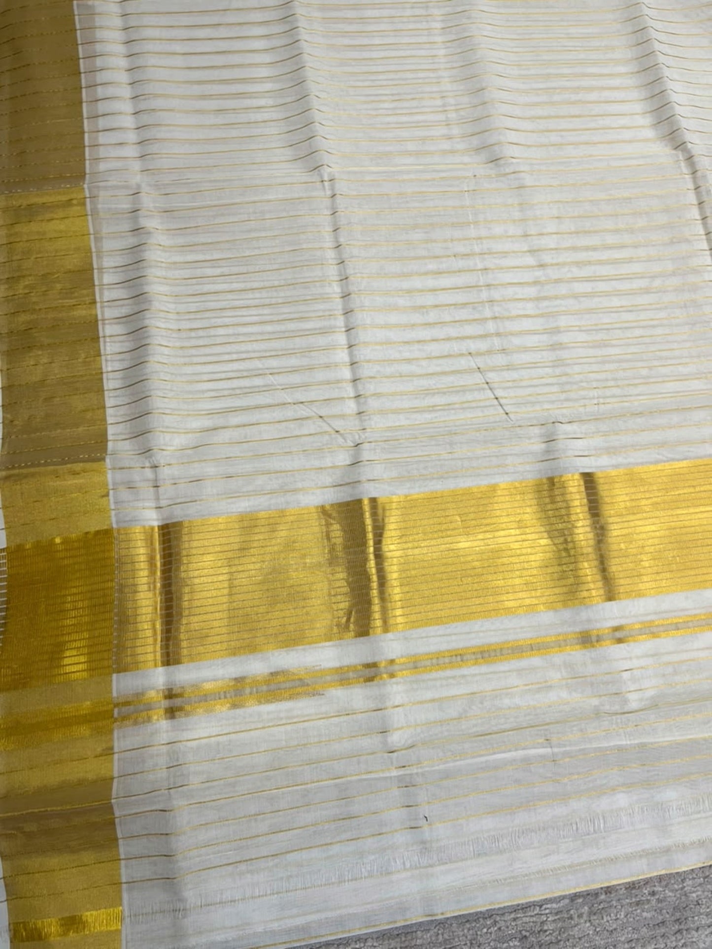 Southloom Super Premium Balaramapuram Handloom Cotton Saree with Stripes And Chutti Kara With Golden Kasavu on Body and Borders