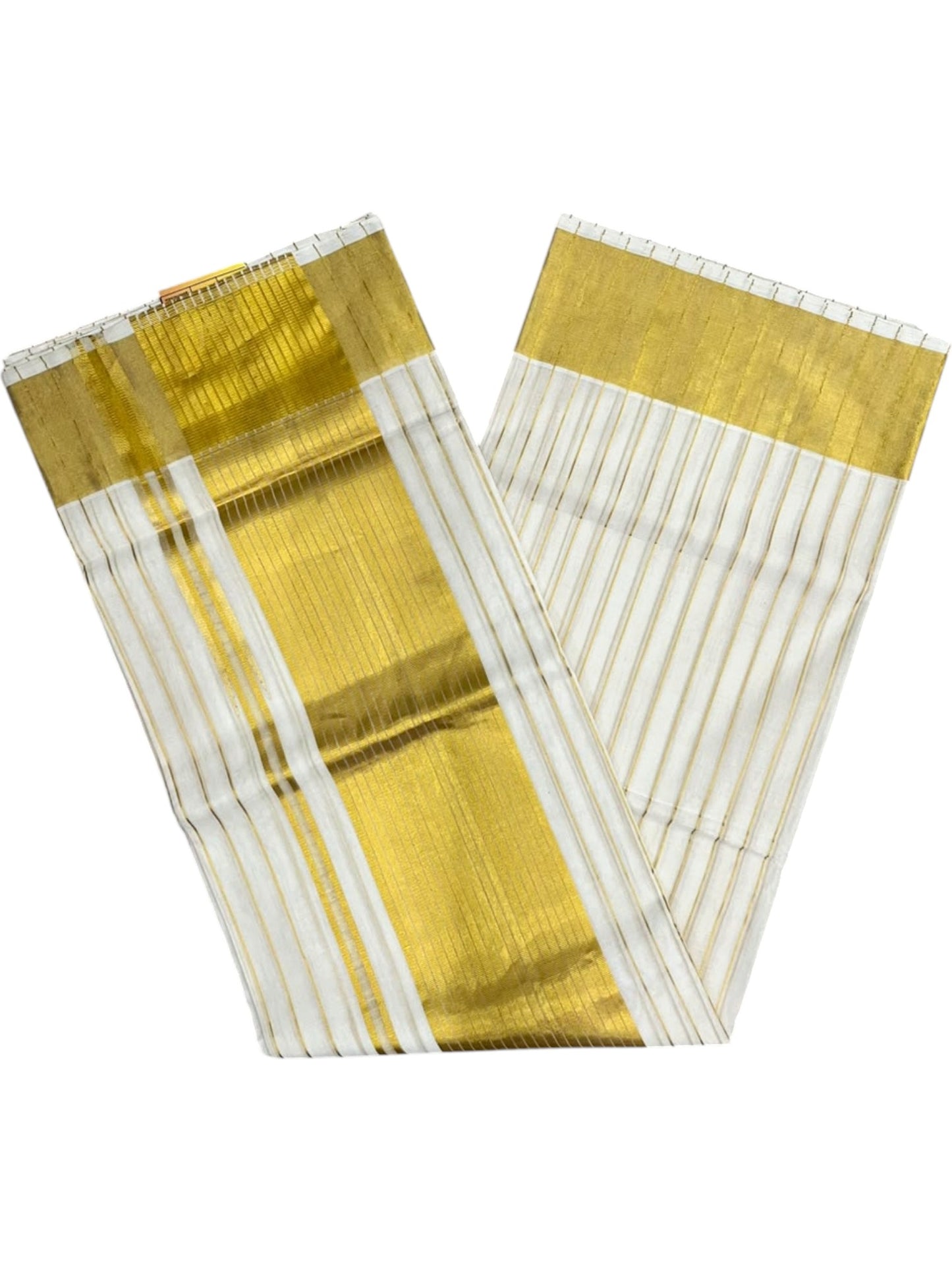 Southloom Super Premium Balaramapuram Handloom Cotton Saree with Stripes And Chutti Kara With Golden Kasavu on Body and Borders