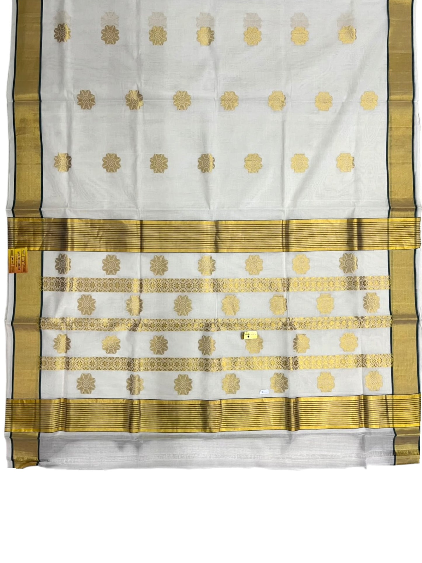 Southloom Super Premium Balaramapuram Handloom Cotton Saree with Golden Butta Works on Body and Borders In Green