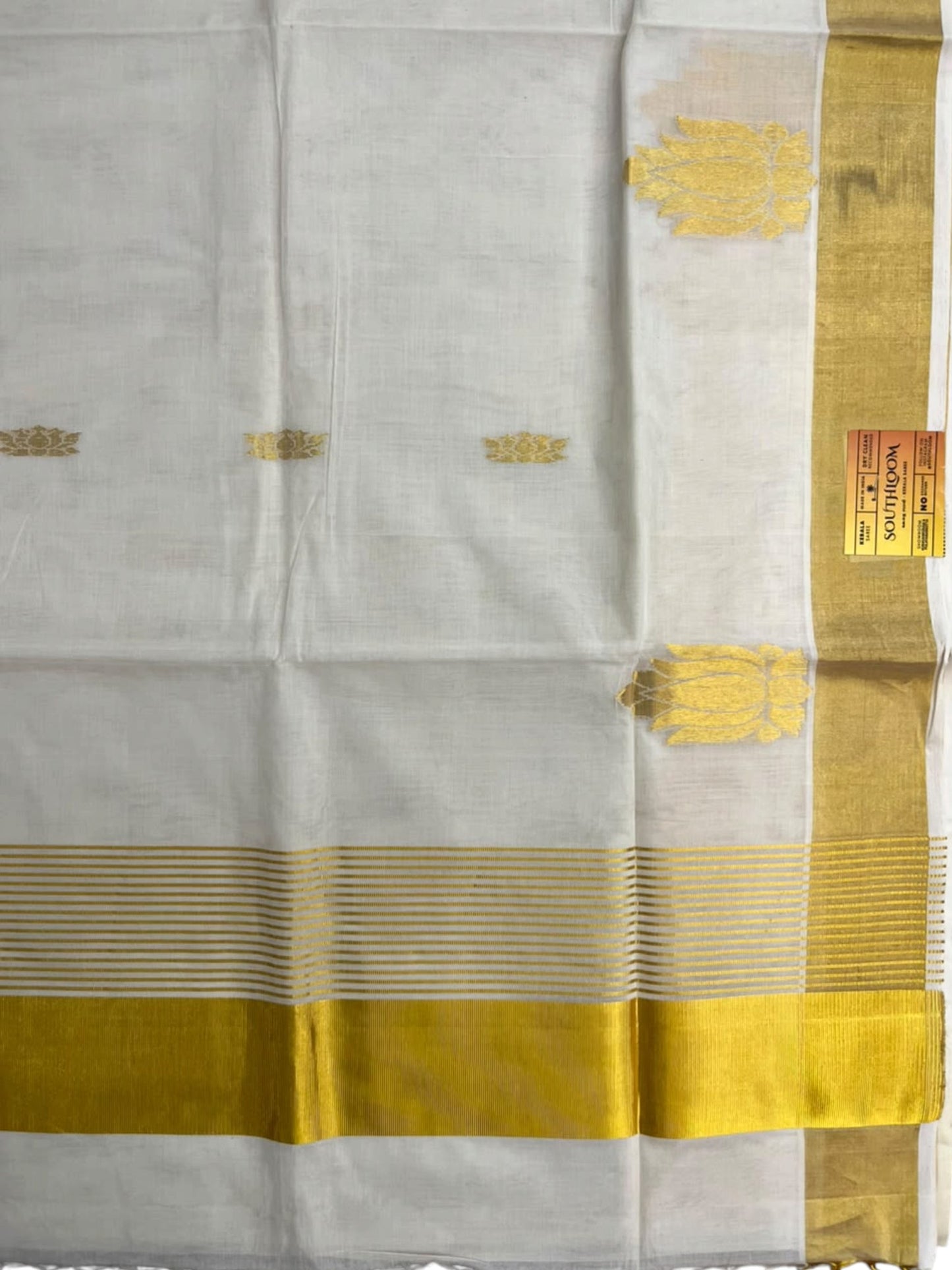 Southloom Super Premium Balaramapuram Handloom Cotton Saree With Golden Lotus Zari Works on Body On Borders