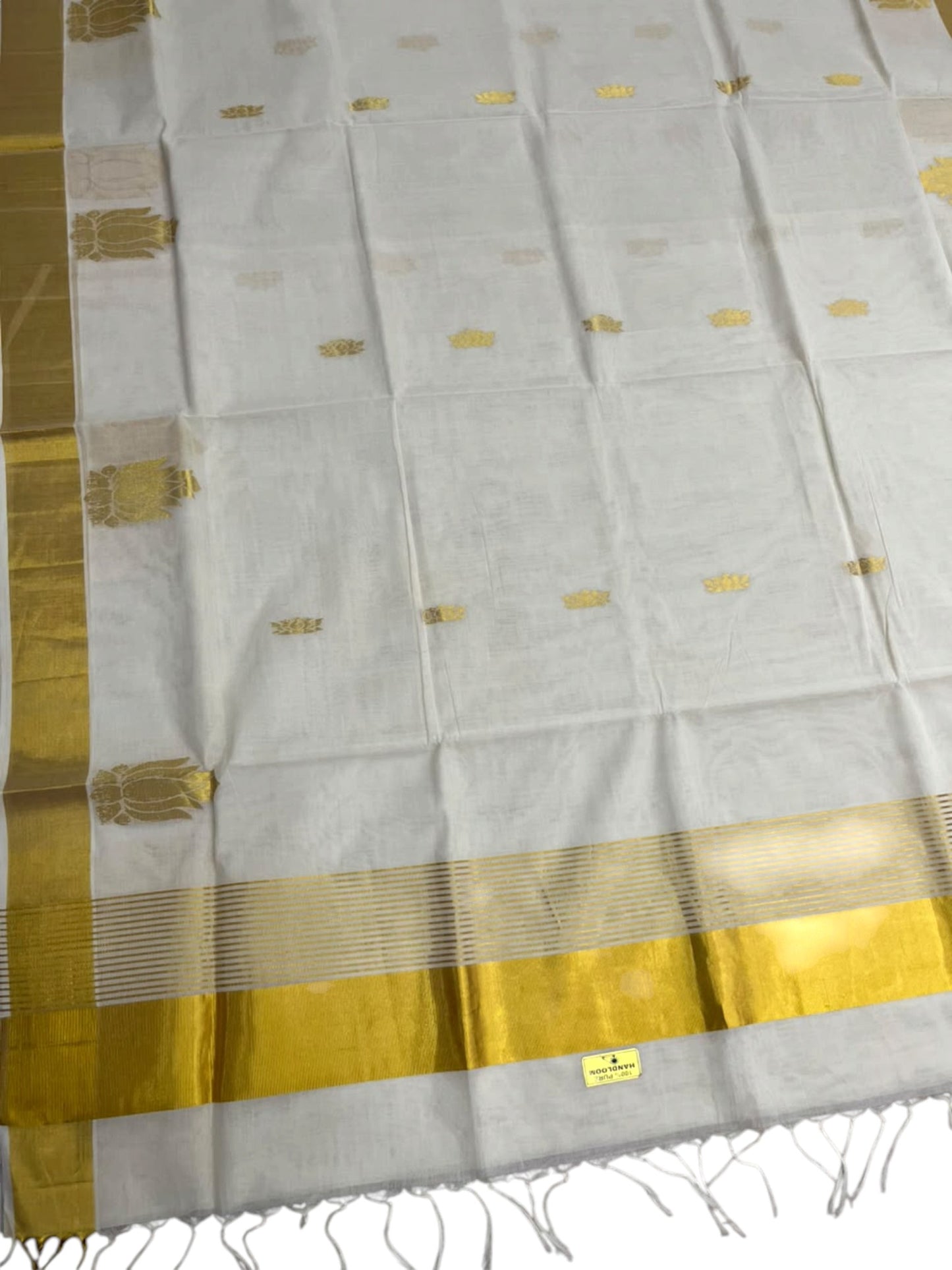 Southloom Super Premium Balaramapuram Handloom Cotton Saree With Golden Lotus Zari Works on Body On Borders