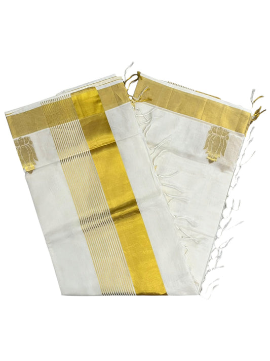 Southloom Super Premium Balaramapuram Handloom Cotton Saree With Golden Lotus Zari Works on Body On Borders