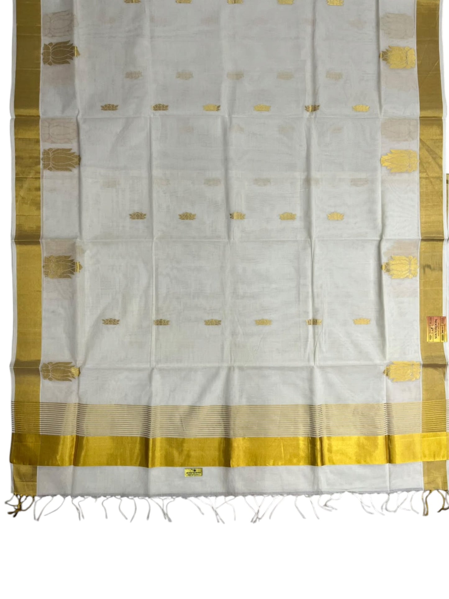 Southloom Super Premium Balaramapuram Handloom Cotton Saree With Golden Lotus Zari Works on Body On Borders