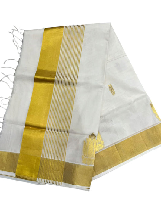 Southloom Super Premium Balaramapuram Handloom Cotton Saree With Golden Lotus Zari Works on Body On Borders