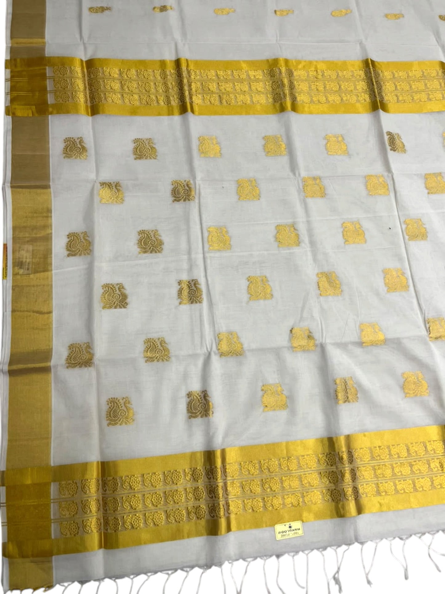 Southloom Super Premium Balaramapuram Handloom Cotton Saree With Golden Peacock Zari Works on Body And Borders