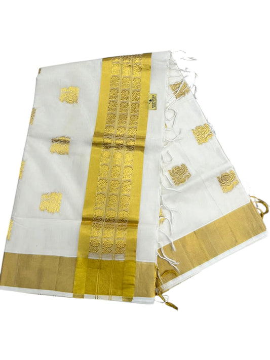 Southloom Super Premium Balaramapuram Handloom Cotton Saree With Golden Peacock Zari Works on Body And Borders