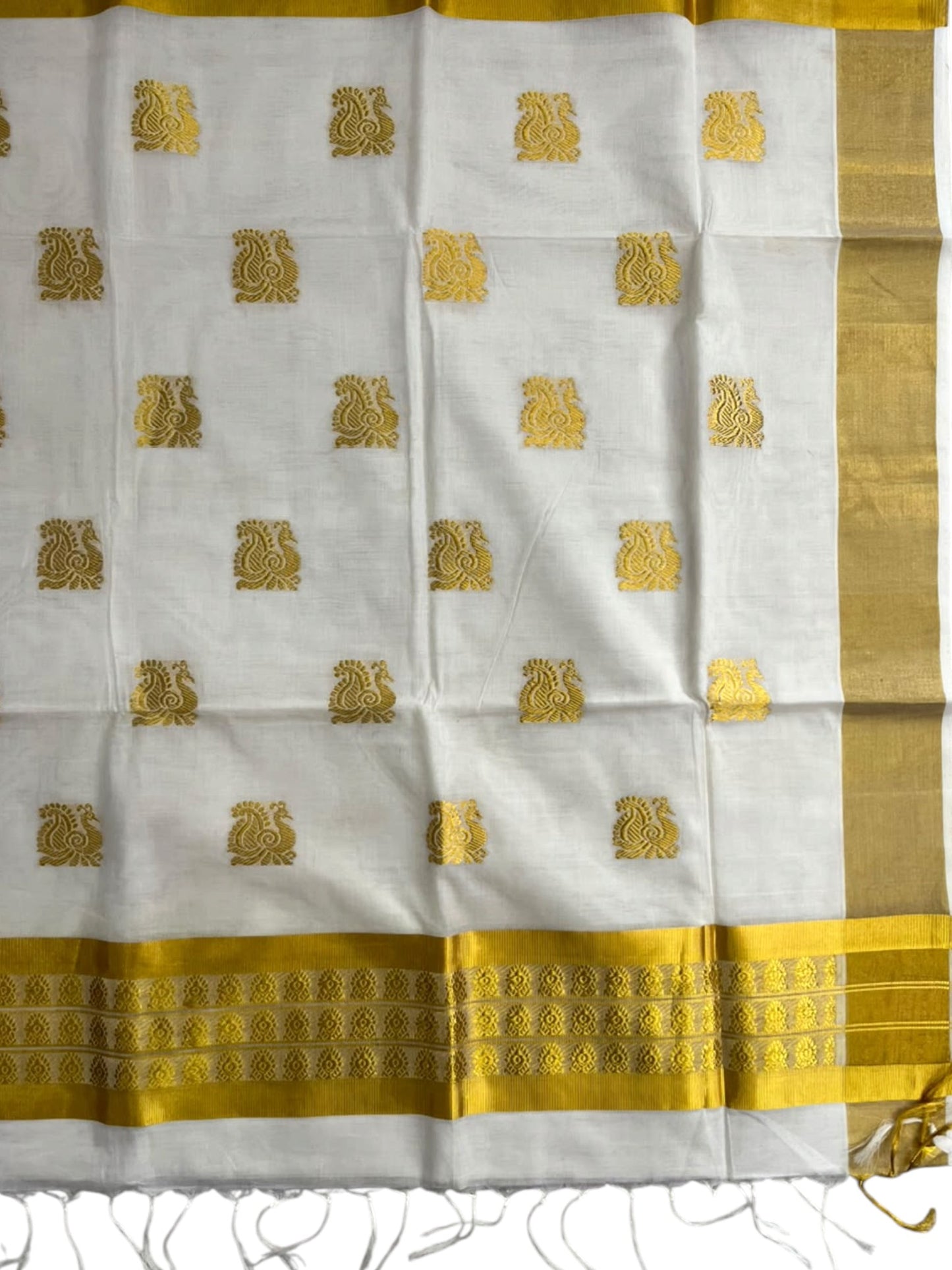 Southloom Super Premium Balaramapuram Handloom Cotton Saree With Golden Peacock Works on Body And Borders