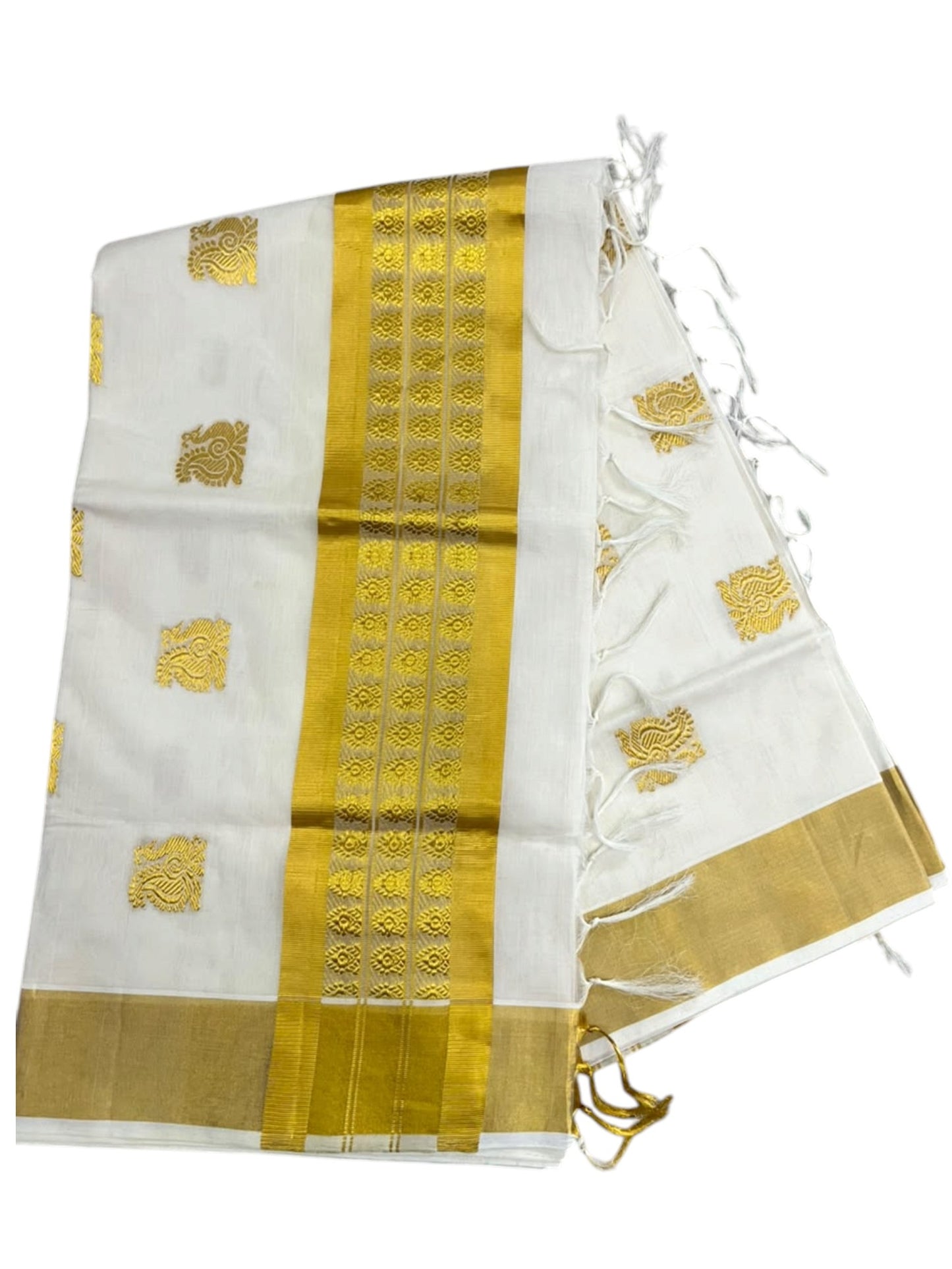 Southloom Super Premium Balaramapuram Handloom Cotton Saree With Golden Peacock Works on Body And Borders