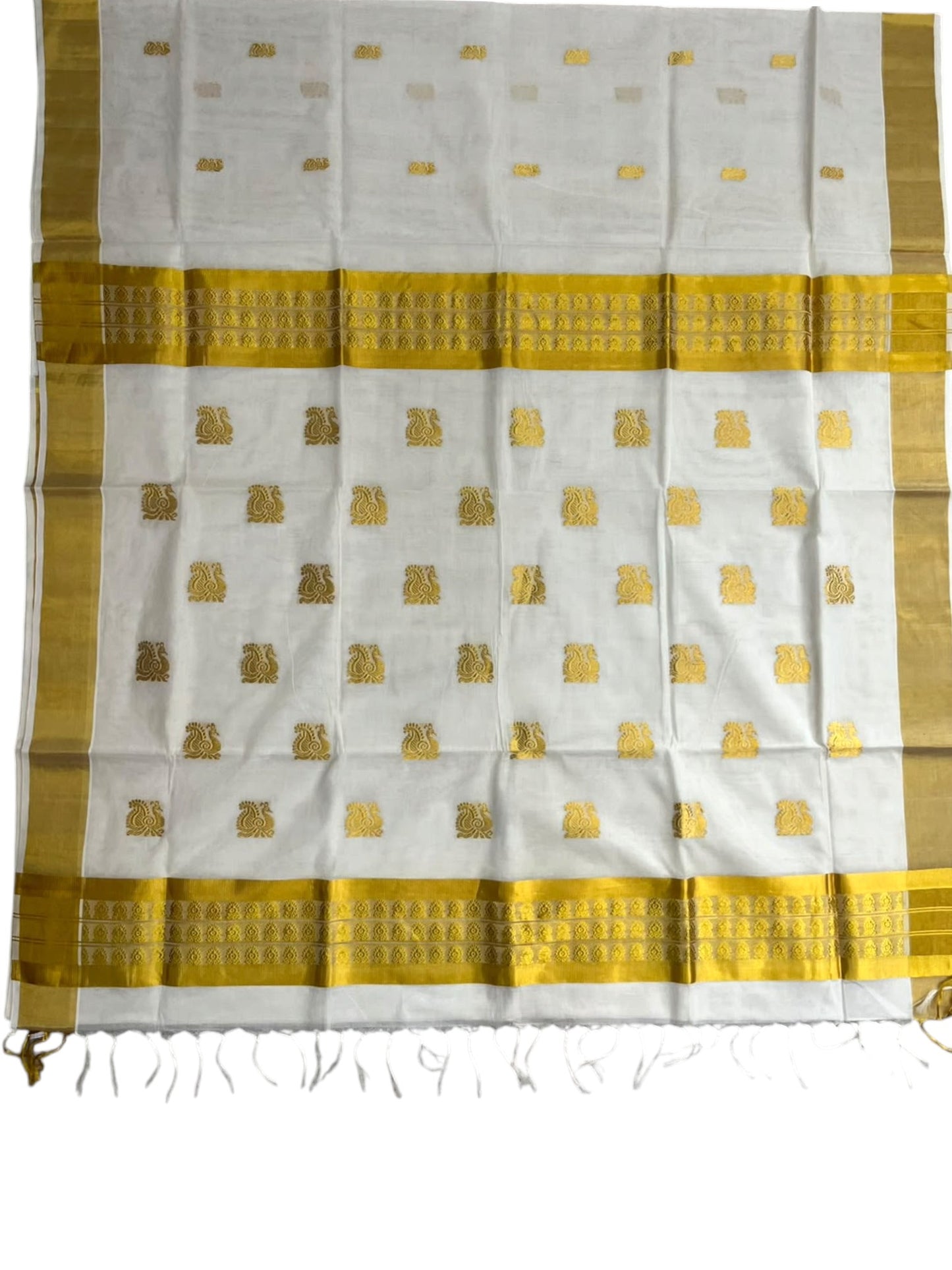 Southloom Super Premium Balaramapuram Handloom Cotton Saree With Golden Peacock Works on Body And Borders
