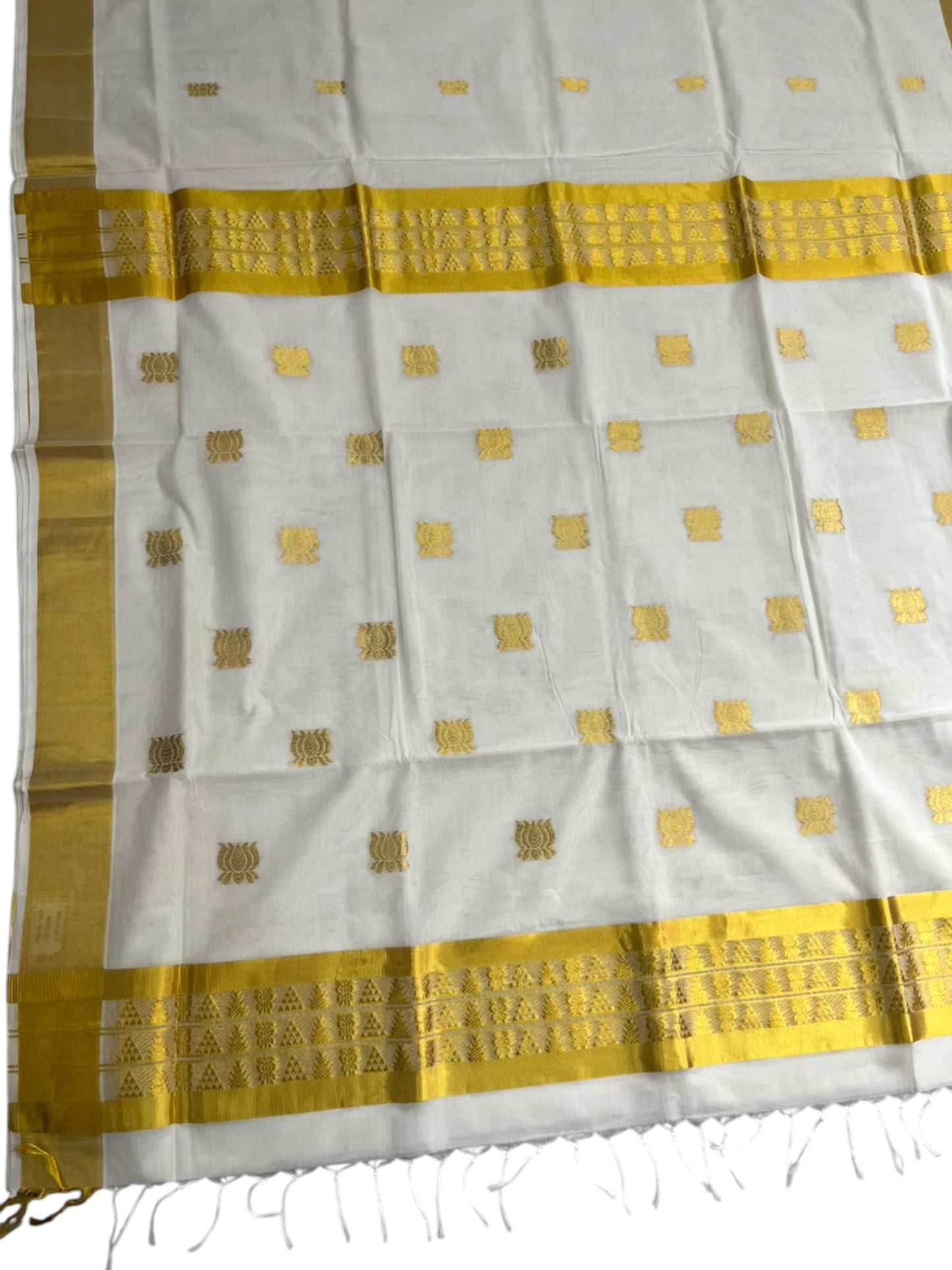 Southloom Super Premium Balaramapuram Handloom Cotton Saree With Golden Lotus Butta Works on Body And Borders