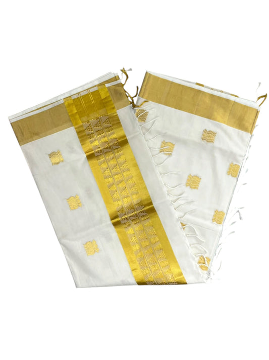 Southloom Super Premium Balaramapuram Handloom Cotton Saree With Golden Lotus Butta Works on Body And Borders