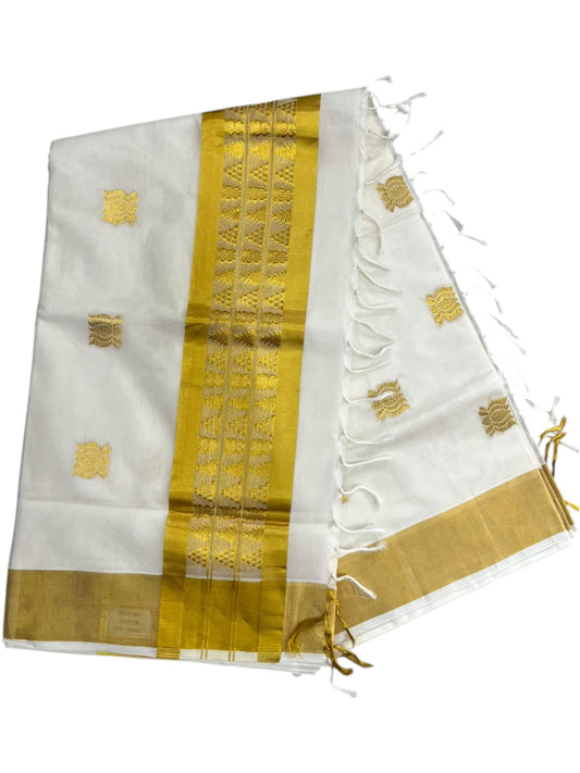 Southloom Super Premium Balaramapuram Handloom Cotton Saree With Golden Lotus Butta Works on Body And Borders