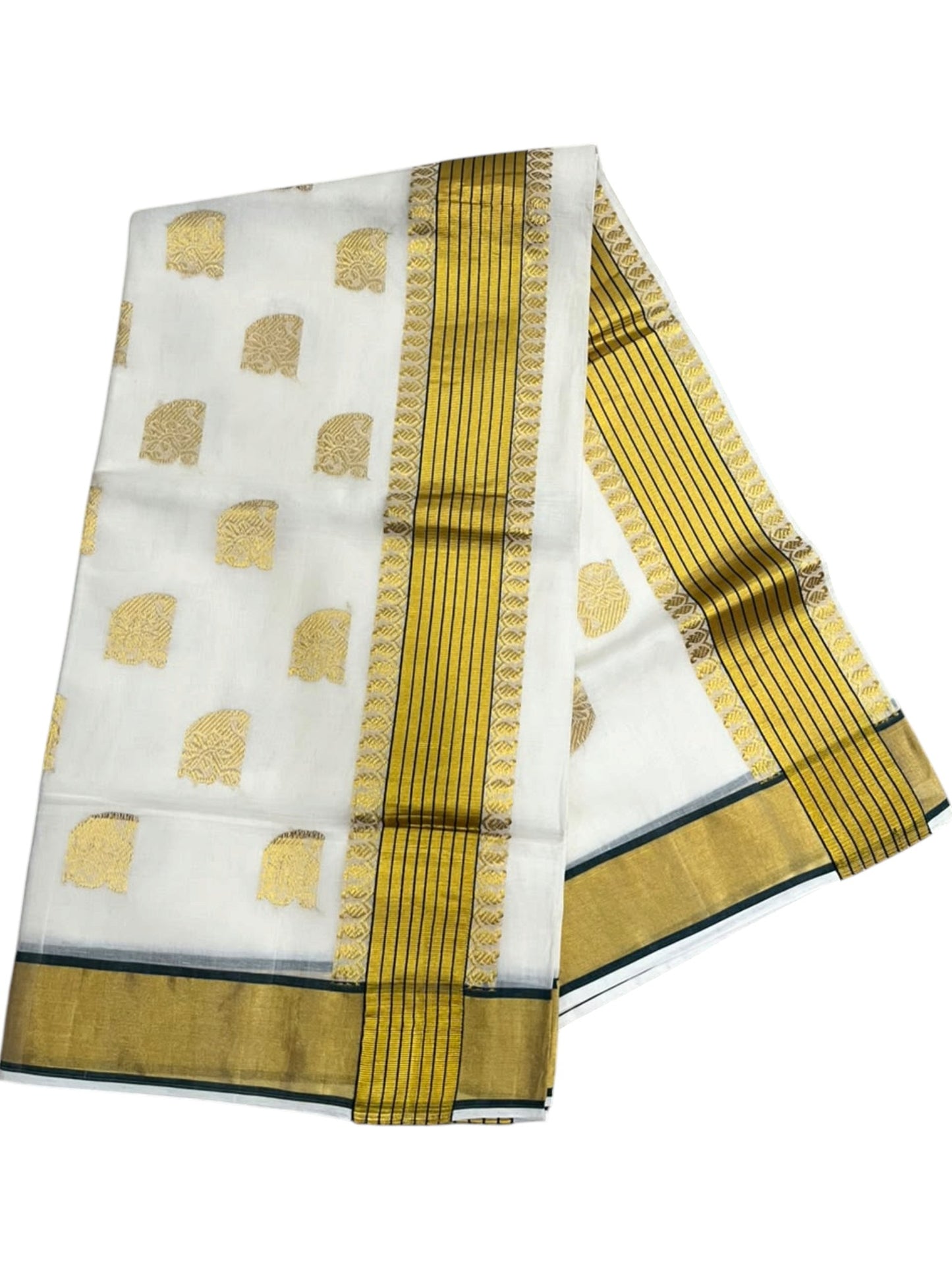 Southloom Super Premium Balaramapuram Handloom Cotton Saree With Golden Butta Works on Body And Green Lines Borders