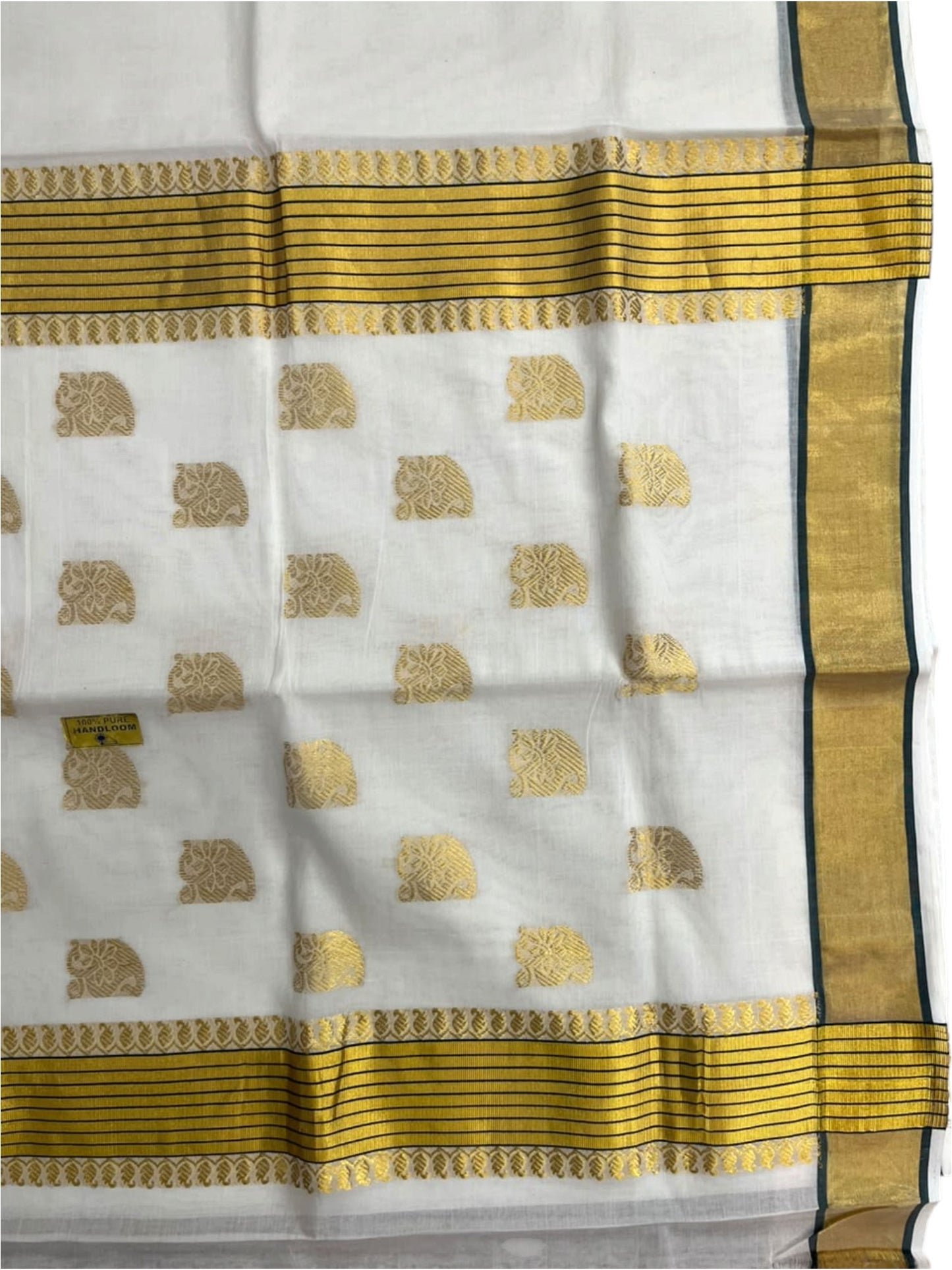 Southloom Super Premium Balaramapuram Handloom Cotton Saree With Golden Butta Works on Body And Green Lines Borders