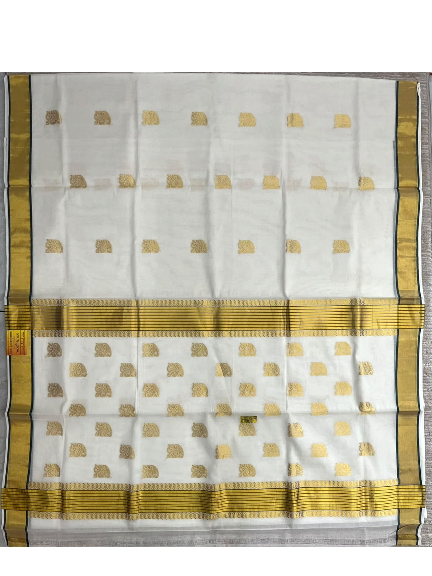 Southloom Super Premium Balaramapuram Handloom Cotton Saree With Golden Butta Works on Body And Green Lines Borders