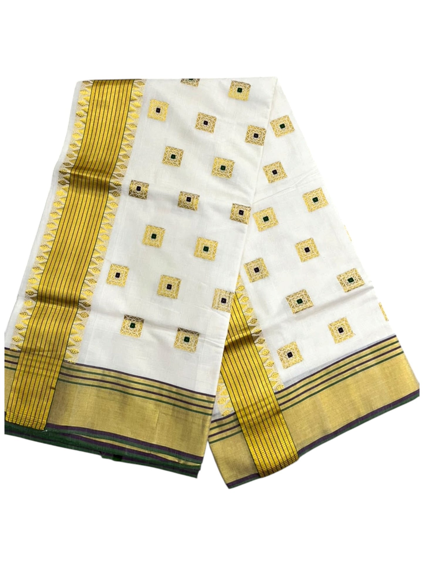 Southloom Super Premium Balaramapuram Handloom Cotton Saree With Green&Purple Butta Works on Body And Green &Purple Lines Borders