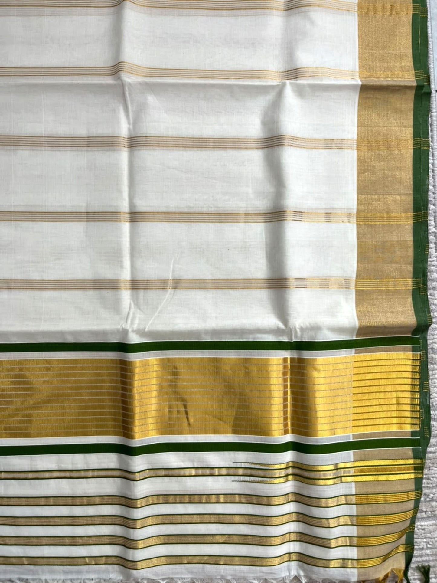 Southloom Super Premium Balaramapuram Handloom Cotton Saree With Gold Stripes Design Body And Green Border