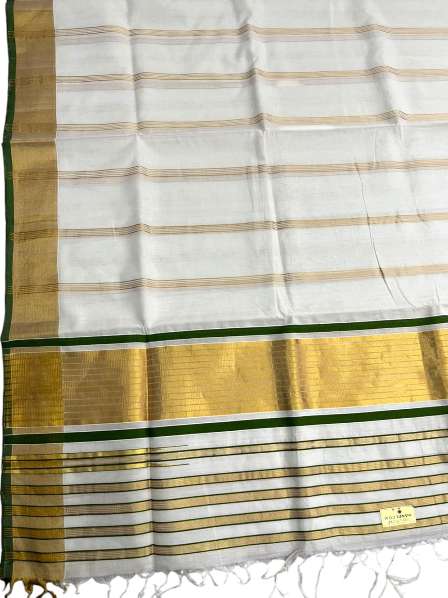 Southloom Super Premium Balaramapuram Handloom Cotton Saree With Gold Stripes Design Body And Green Border