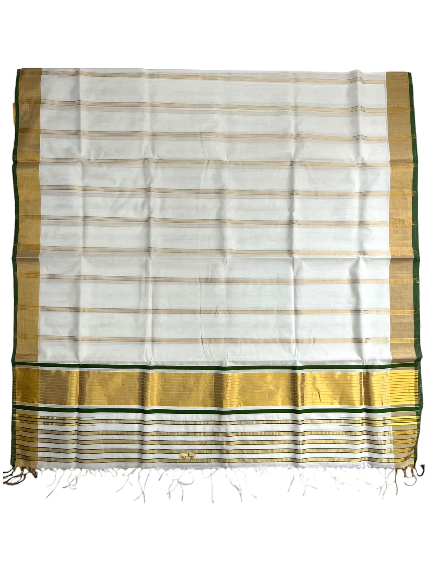 Southloom Super Premium Balaramapuram Handloom Cotton Saree With Gold Stripes Design Body And Green Border