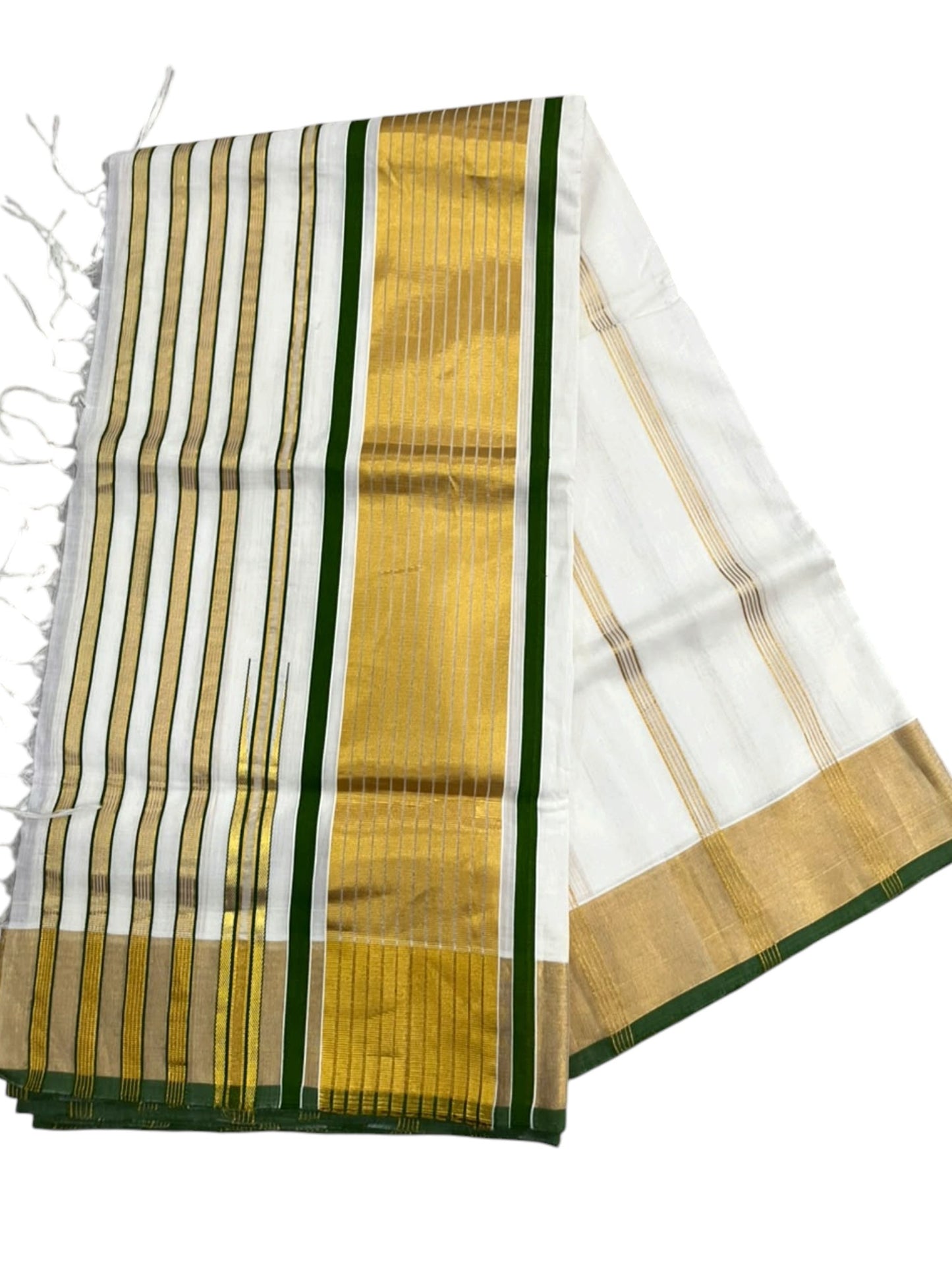 Southloom Super Premium Balaramapuram Handloom Cotton Saree With Gold Stripes Design Body And Green Border