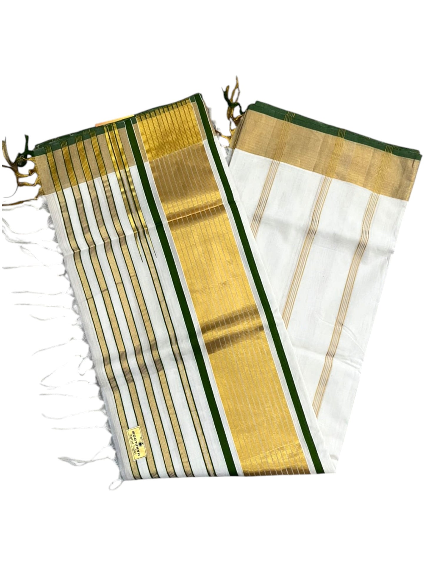 Southloom Super Premium Balaramapuram Handloom Cotton Saree With Gold Stripes Design Body And Green Border