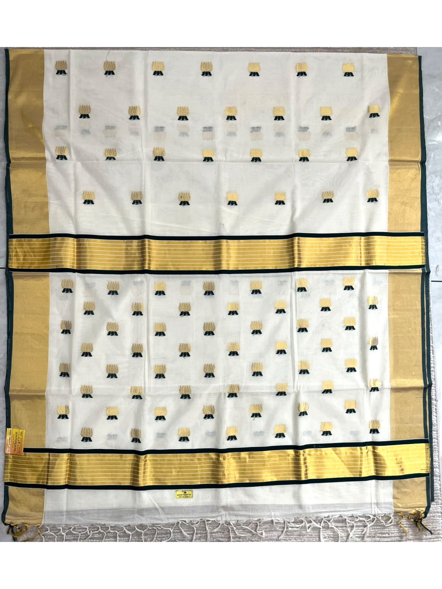 Southloom Super Premium Balaramapuram Handloom Cotton Saree with Gold&Green Lotus Works on Body and Borders