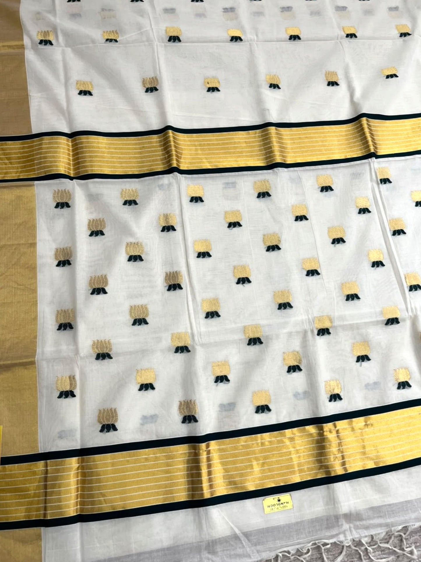 Southloom Super Premium Balaramapuram Handloom Cotton Saree with Gold&Green Lotus Works on Body and Borders