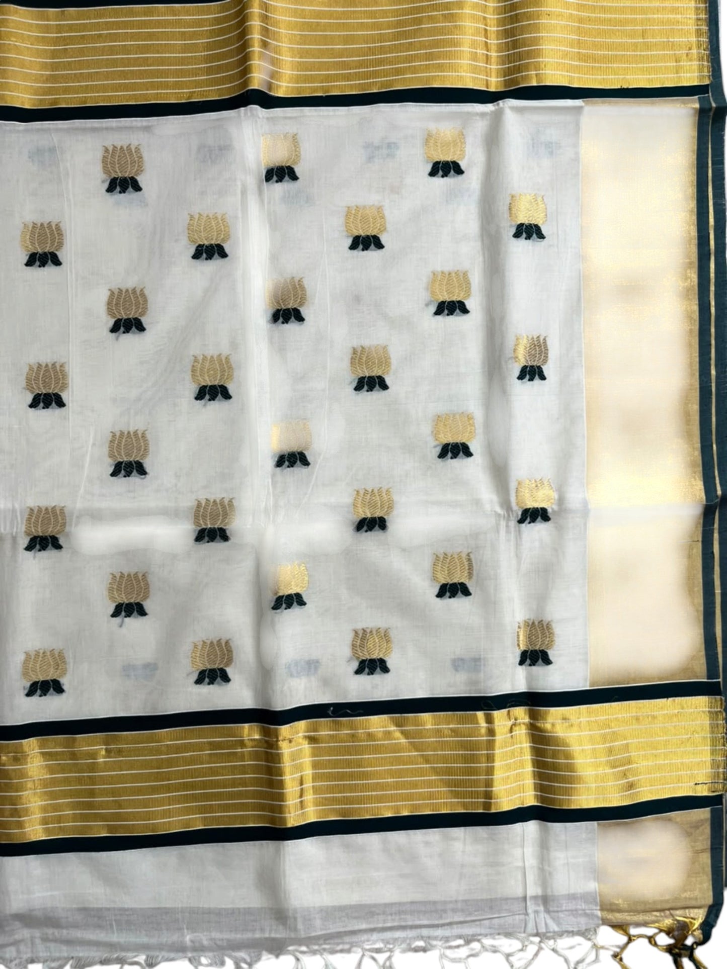 Southloom Super Premium Balaramapuram Handloom Cotton Saree with Gold&Green Lotus Works on Body and Borders