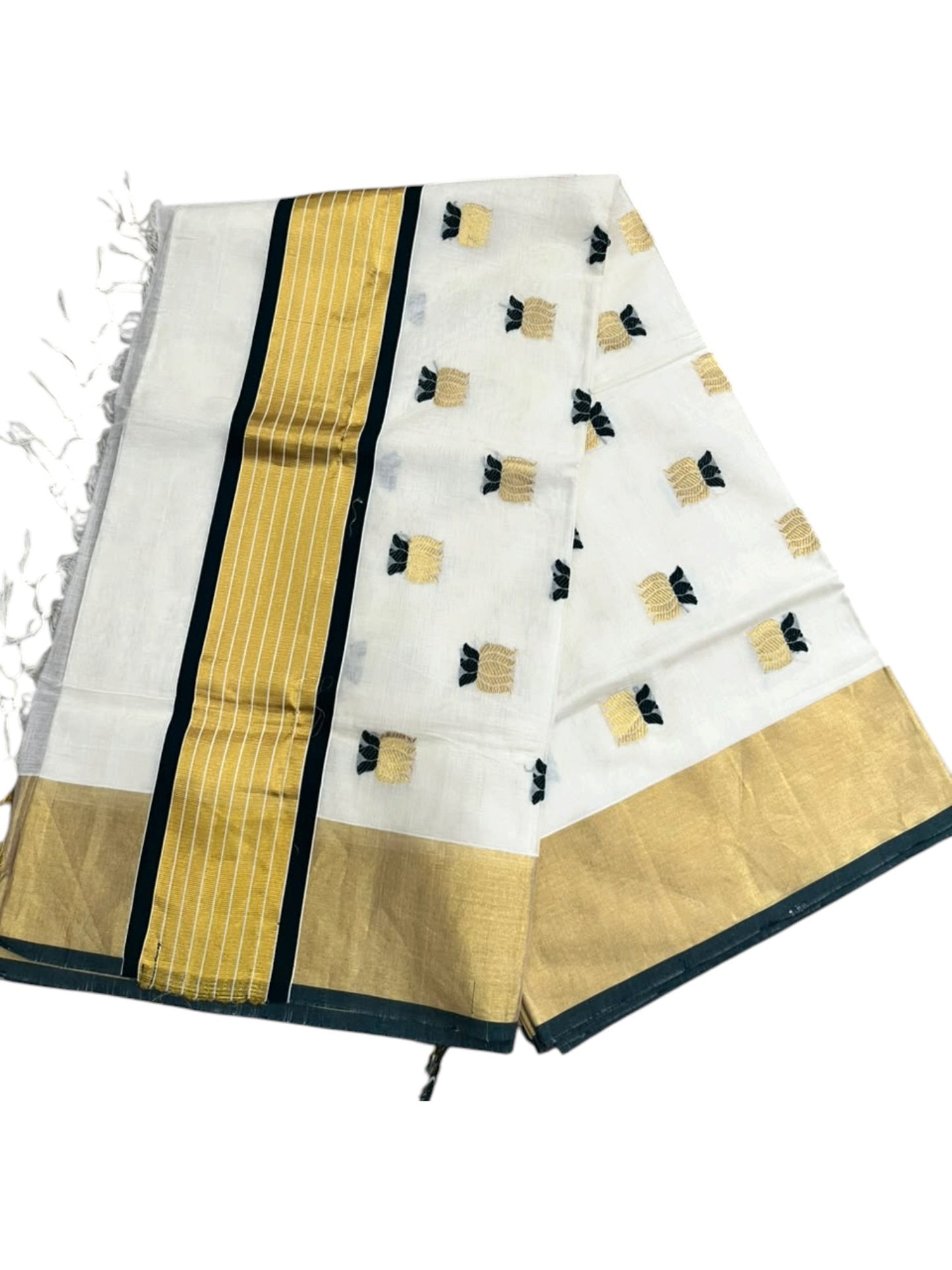 Southloom Super Premium Balaramapuram Handloom Cotton Saree with Gold&Green Lotus Works on Body and Borders