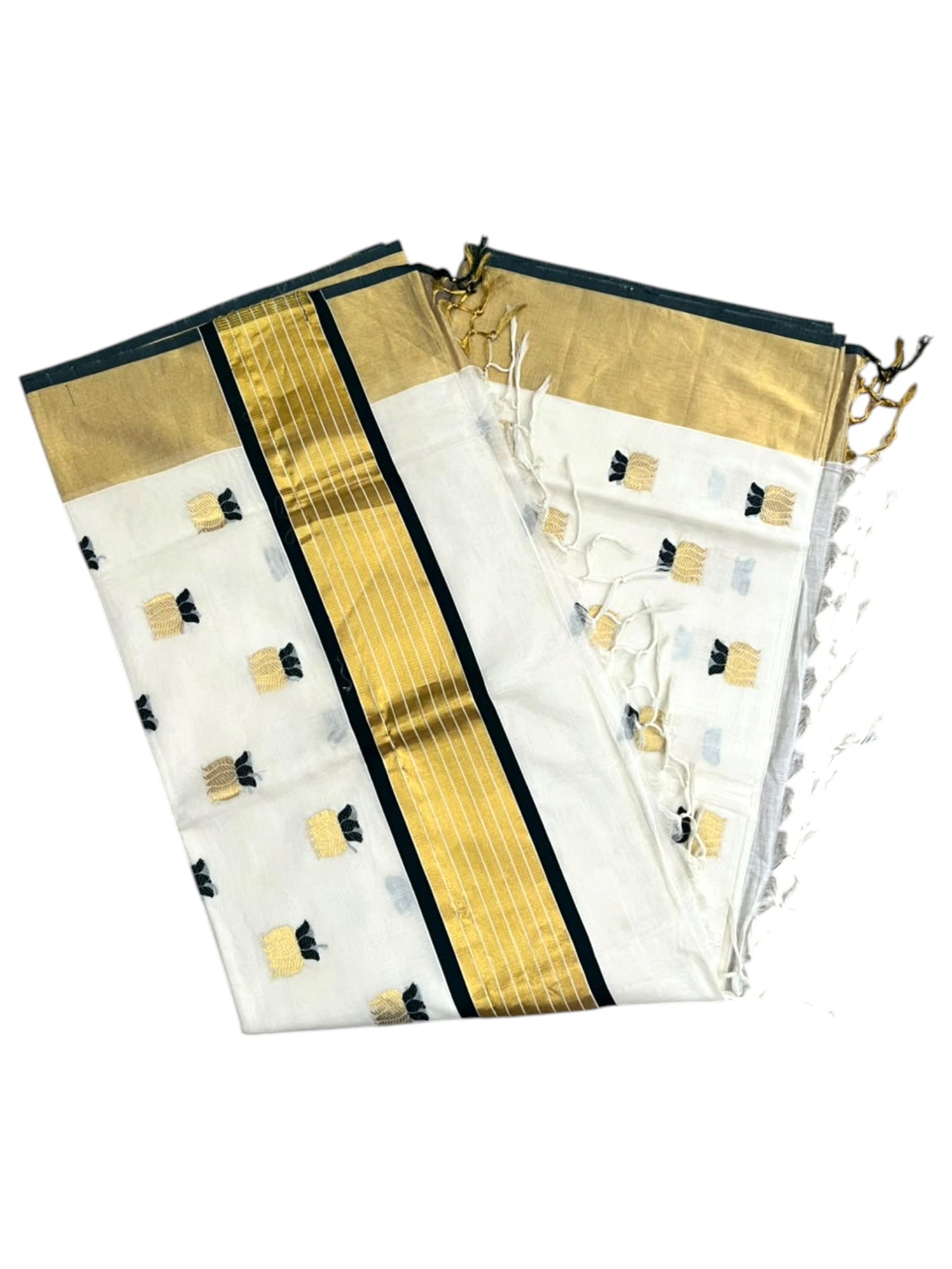 Southloom Super Premium Balaramapuram Handloom Cotton Saree with Gold&Green Lotus Works on Body and Borders
