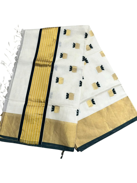 Southloom Super Premium Balaramapuram Handloom Cotton Saree with Gold&Green Lotus Works on Body and Borders