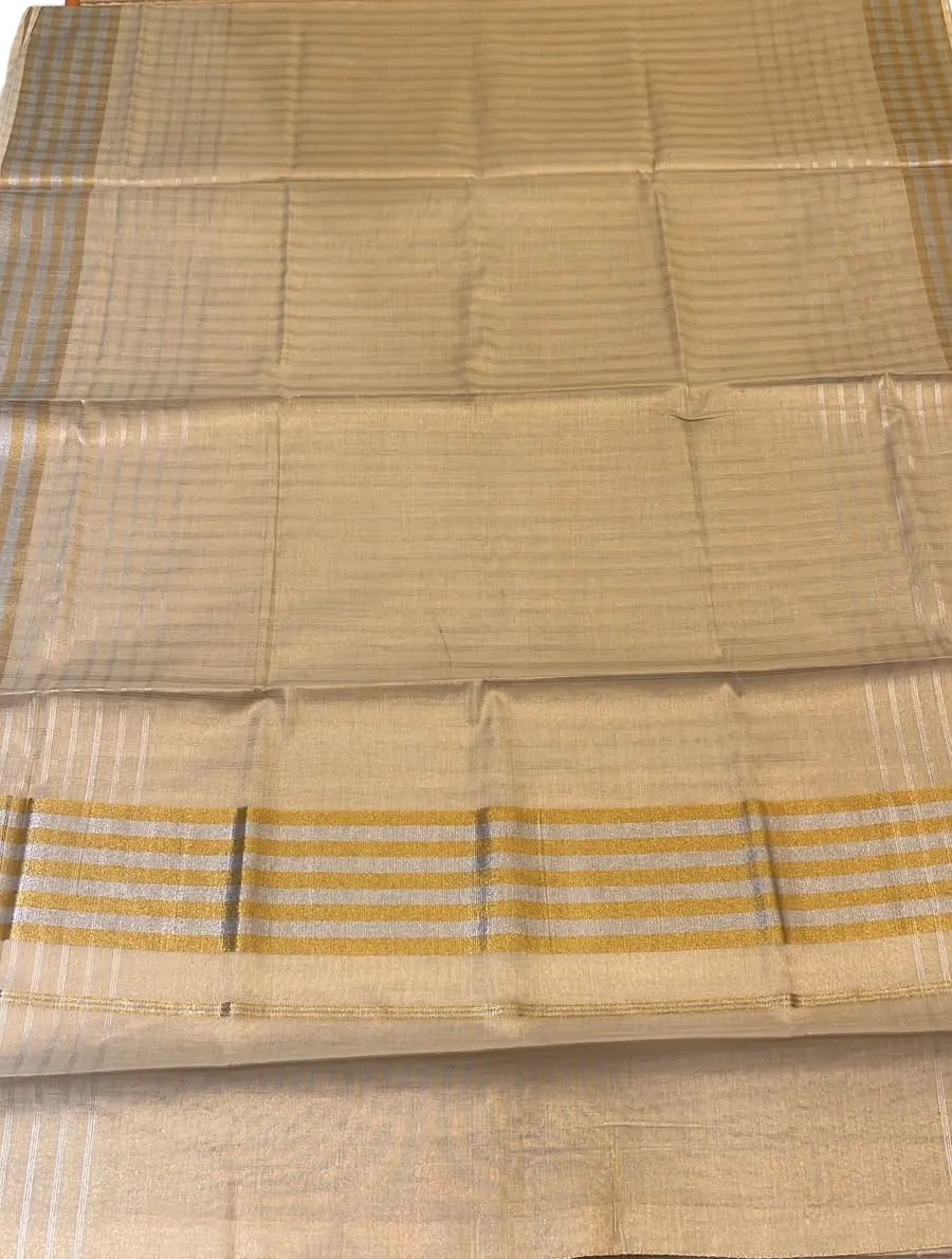 Southloom Kerala TIssue Kasavu  Check Saree With Gold and Silver Boders