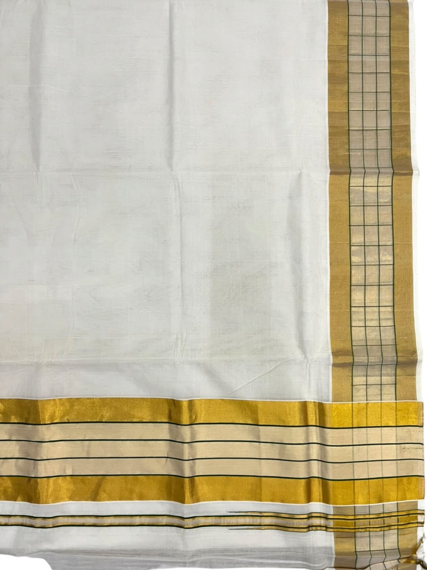 Southloom Super Premium Balaramapuram Handloom Cotton Saree with Gold And Green Chuttikara Kasavu on Border