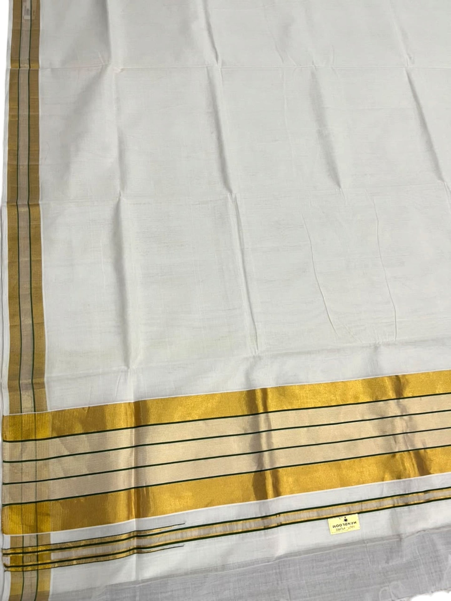 Southloom Super Premium Balaramapuram Handloom Cotton Saree with Gold And Green Chuttikara Kasavu on Border