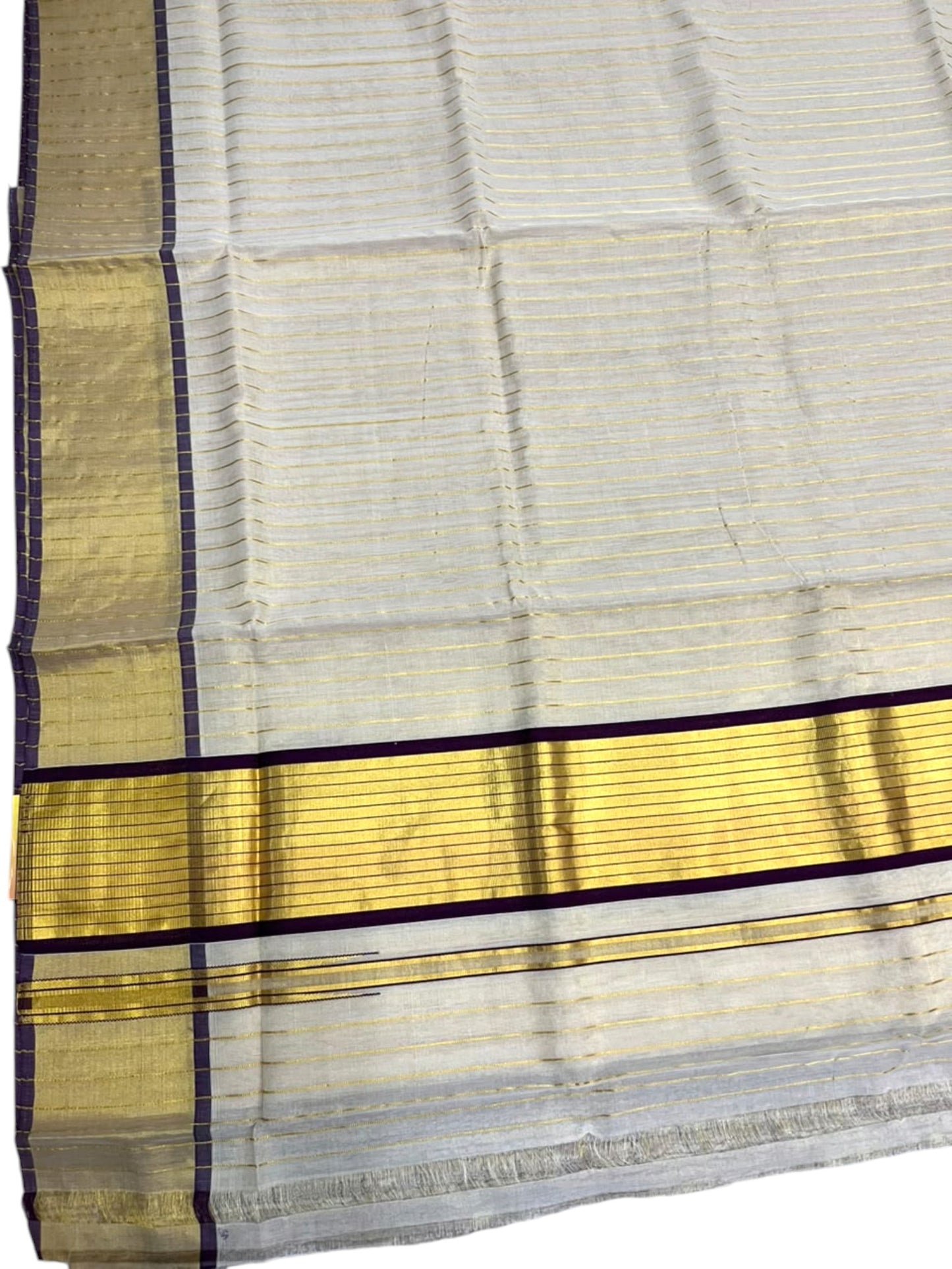 Southloom Super Premium Balaramapuram Handloom Cotton Stripe Saree with Gold And Maroon Chuttikara Design on Border
