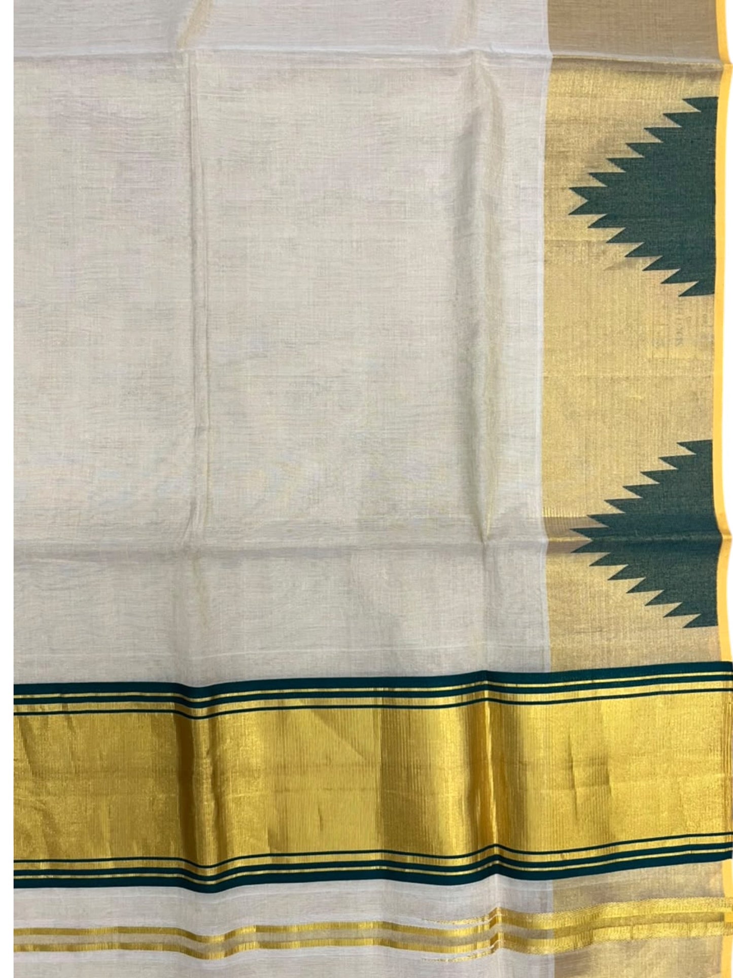Southloom Super Premium Balaramapuram Handloom Cotton Saree with Gold And Green Temple Design on Border