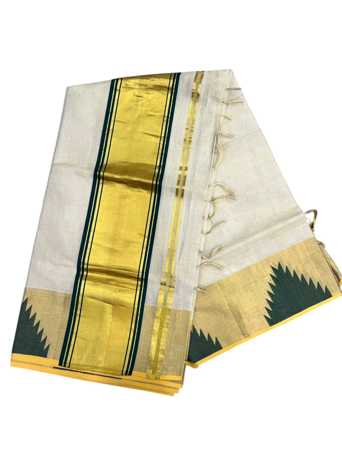 Southloom Super Premium Balaramapuram Handloom Cotton Saree with Gold And Green Temple Design on Border