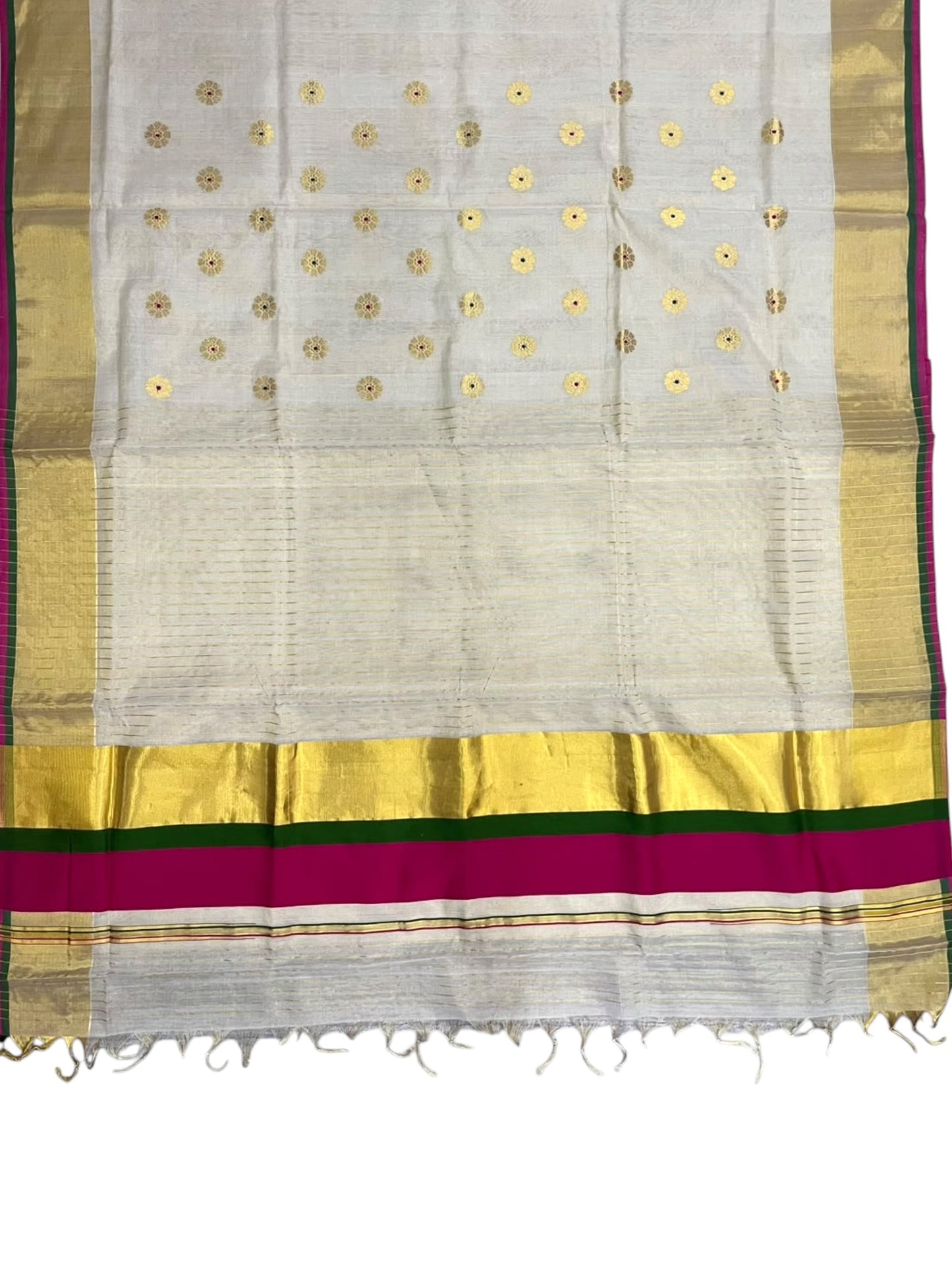 Southloom Super Premium Balaramapuram Handloom Tissue Stripe Saree with Green And Magenta Border