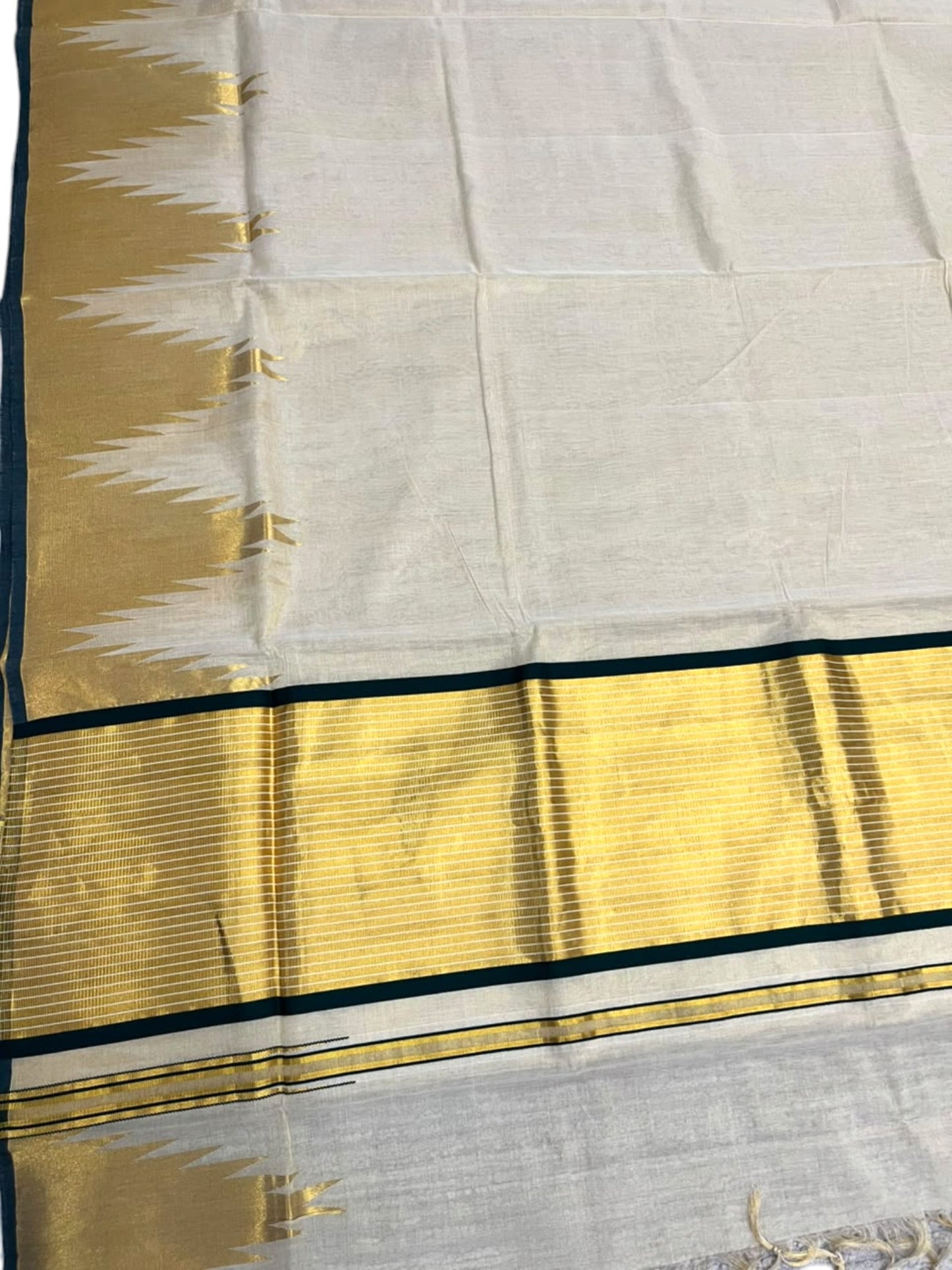 Southloom Super Premium Balaramapuram Handloom Tissue Saree with Gold And Green Chuttikara and Temple Design on Border