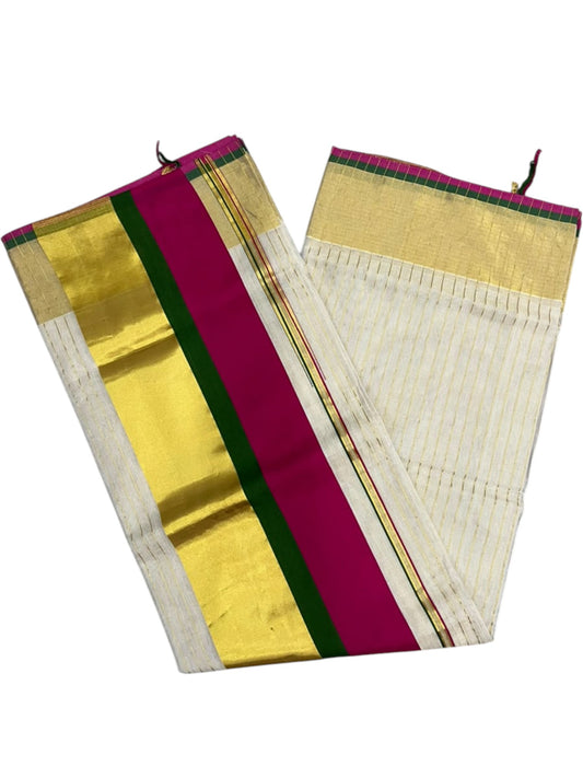 Southloom Super Premium Balaramapuram Handloom Tissue Stripe Saree with Green And Magenta Border