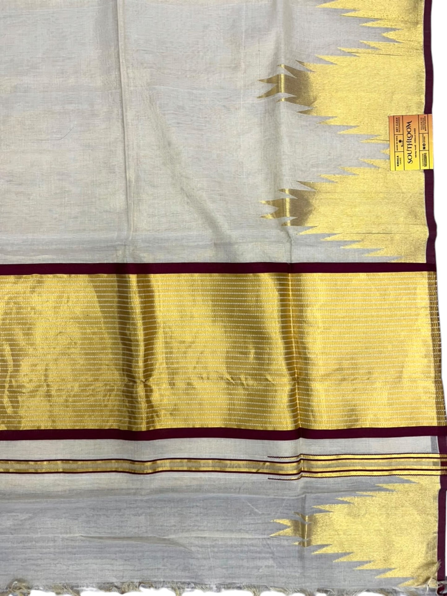 Southloom Super Premium Balaramapuram Handloom Tissue Saree with Gold And Maroon Chuttikara and Temple Design on Border