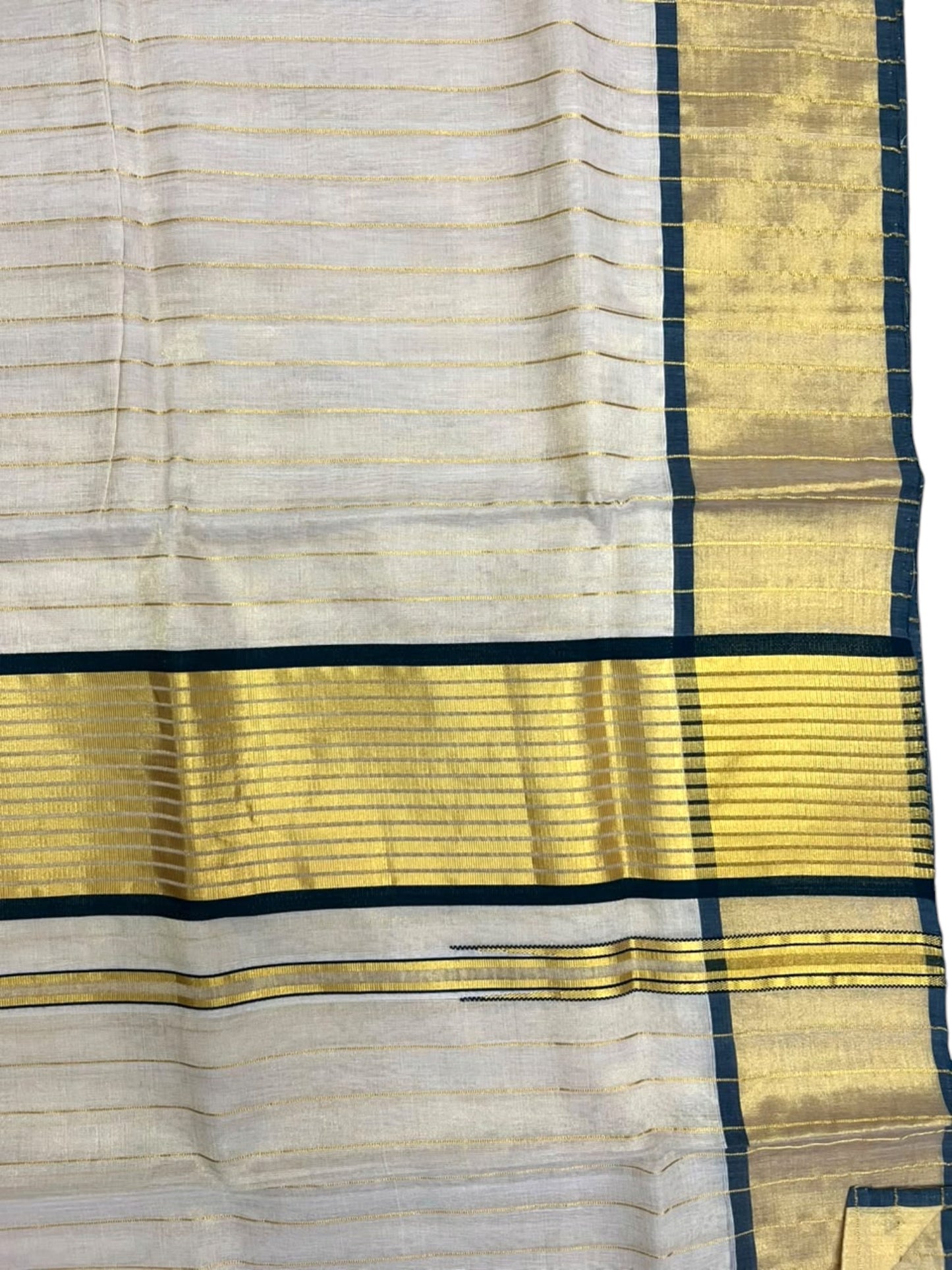 Southloom Super Premium Balaramapuram Handloom Cotton Stripe Saree with Gold And Green Chuttikara Design on Border