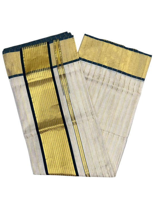 Southloom Super Premium Balaramapuram Handloom Cotton Stripe Saree with Gold And Green Chuttikara Design on Border