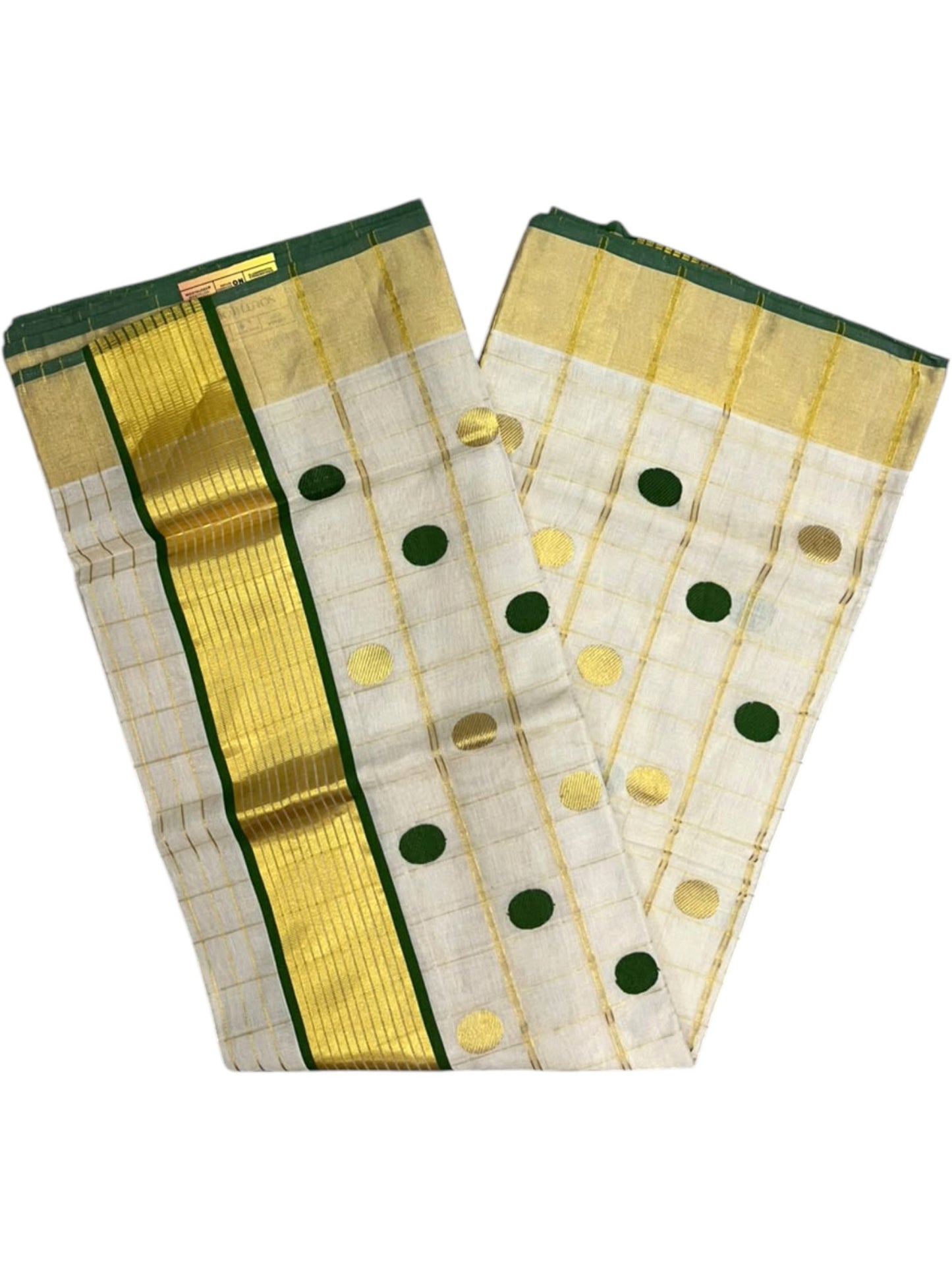 Southloom Super Premium Balaramapuram Handloom Cotton Saree with Gold And Green Polka And Kasavu on Border