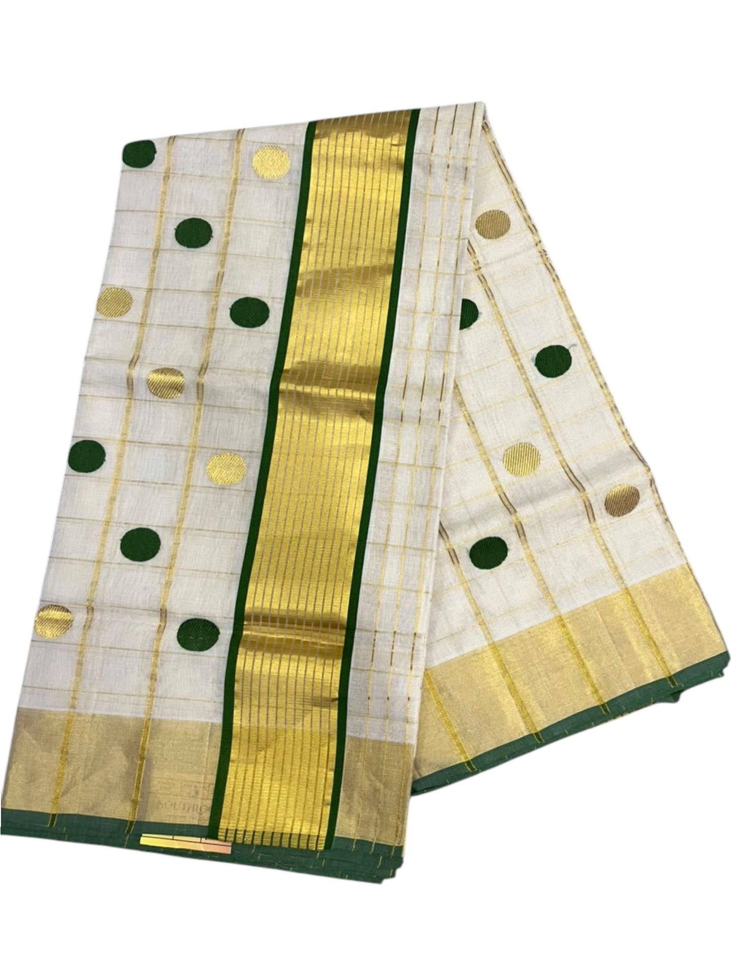 Southloom Super Premium Balaramapuram Handloom Cotton Saree with Gold And Green Polka And Kasavu on Border