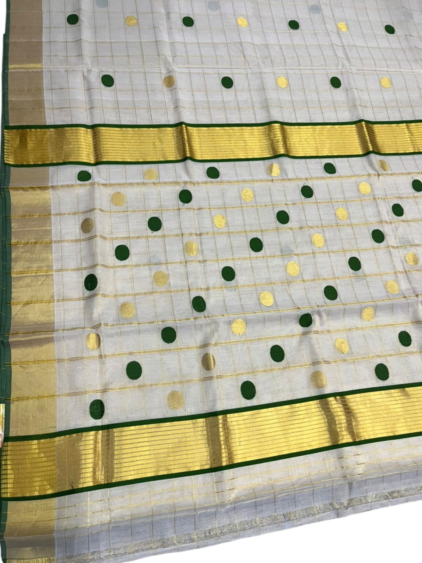Southloom Super Premium Balaramapuram Handloom Cotton Saree with Gold And Green Polka And Kasavu on Border
